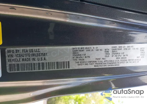 2021 Jeep Gladiator High Altitude 4X4 z USA, uszkodzony, nr VIN 1C6HJTFG1ML597581